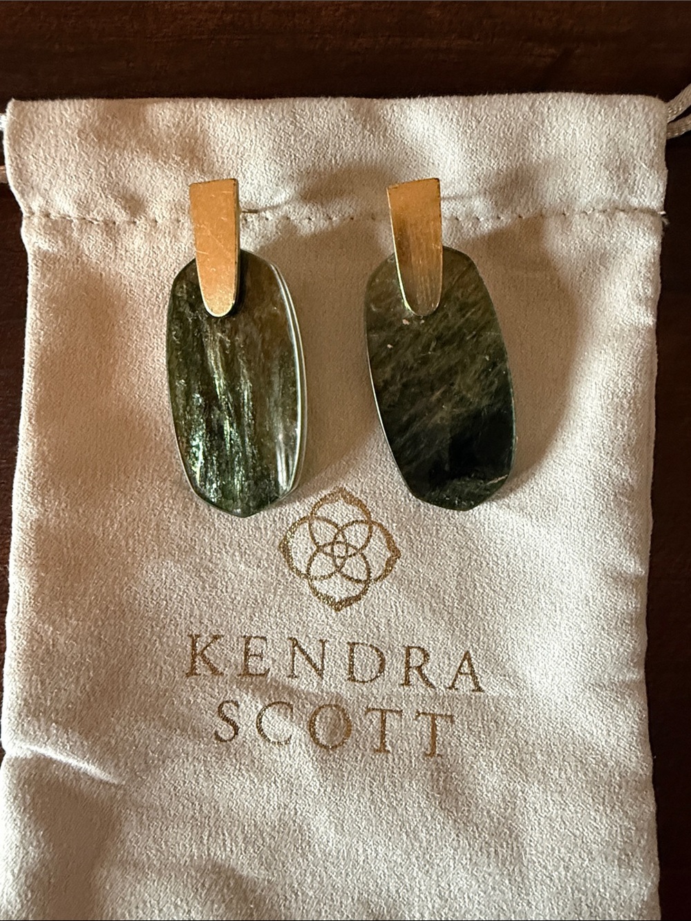 Kendra Scott Olive Green Marbled Drop Earrings with Gold Accents